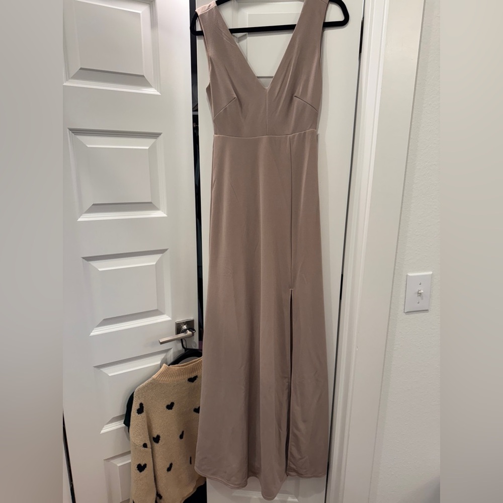 Taupe colored crepe dress
Worn once for a couple hours 
Never altered size XS